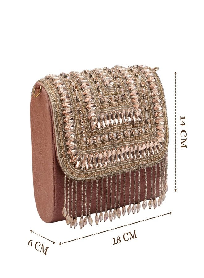 Anekaant Droop Mauve Embellished Party Clutch Bag for Women | Suede Sling Purse with Stone Work & Tassel Fringe. - Image 5